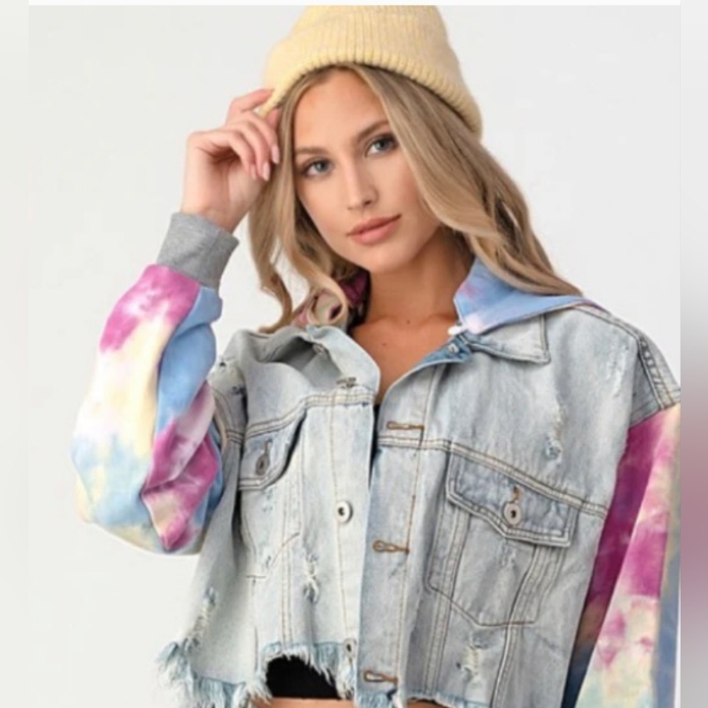 Dance & Marvel Blue, Cream & Pink Distressed Tie-Dye Cropped Jean Jacket